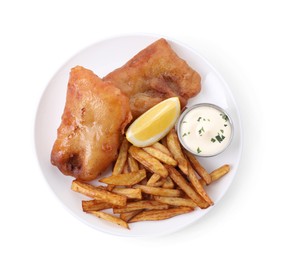 Photo of Tasty fish, chips, lemon and sauce isolated on white, top view