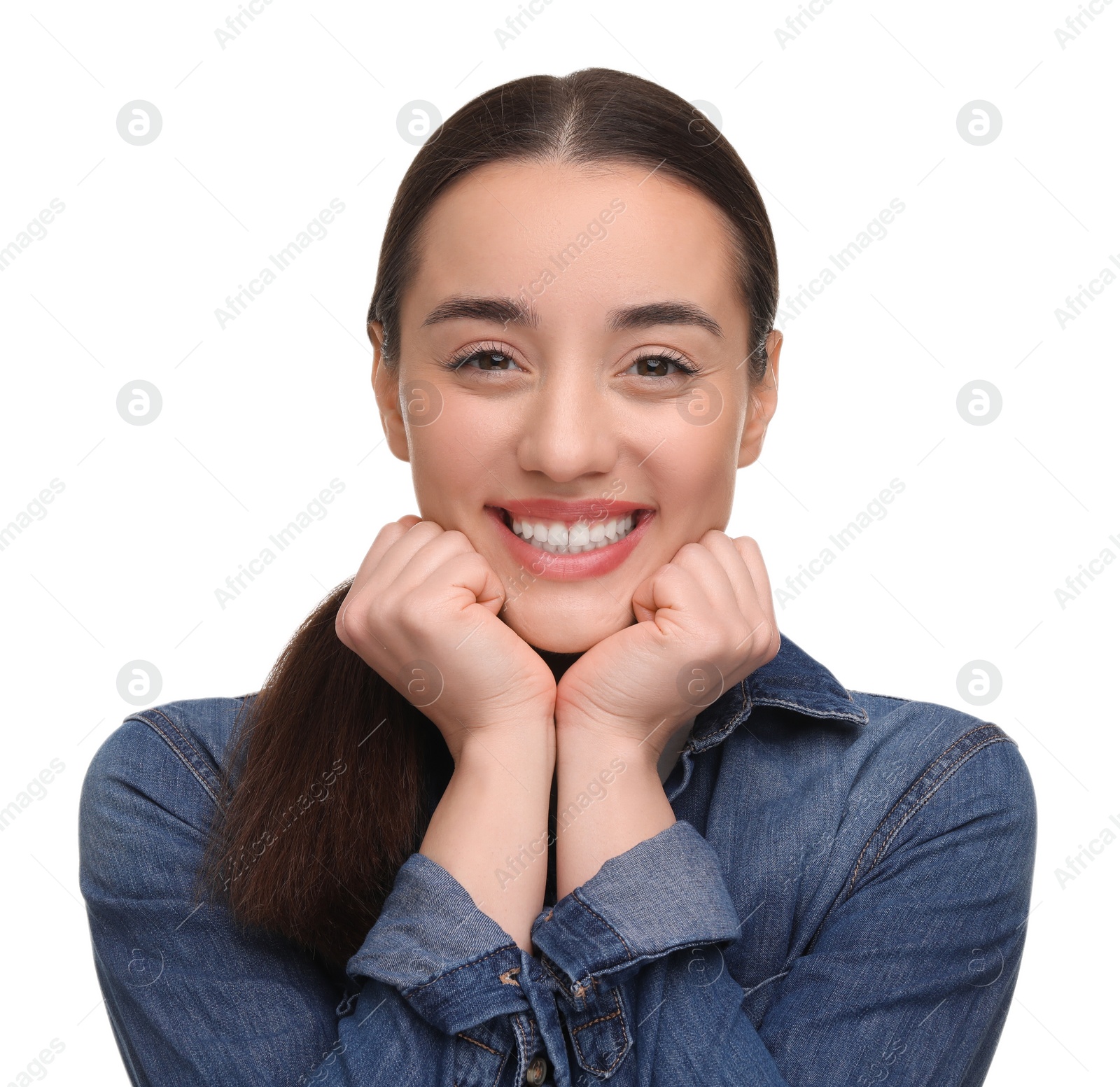 Photo of Young woman with clean teeth smiling on white background