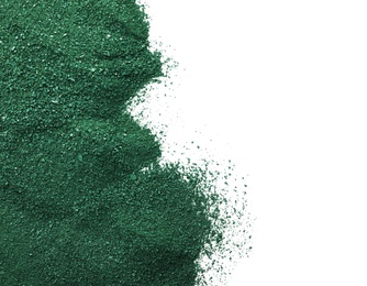 Photo of Spirulina algae powder on white background, top view with space for text