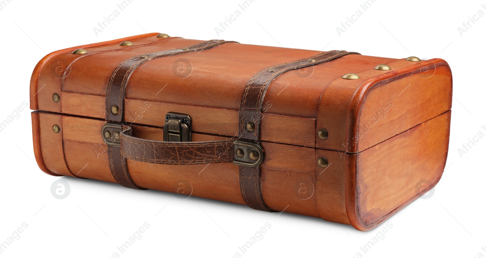 Photo of Beautiful brown stylish suitcase on white background