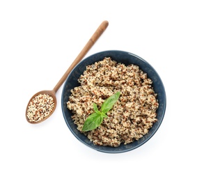 Composition with cooked quinoa in bowl isolated on white, top view