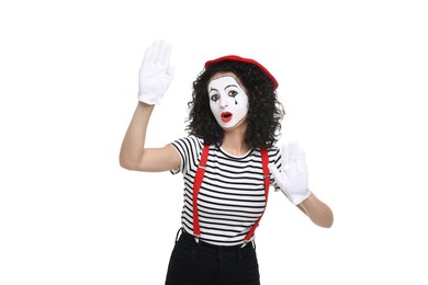 Photo of Funny mine with beret posing on white background