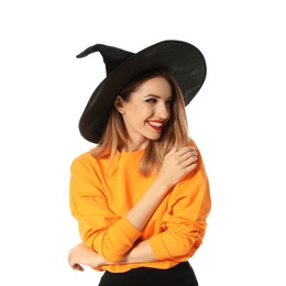 Photo of Beautiful young woman wearing witch costume for Halloween party on white background