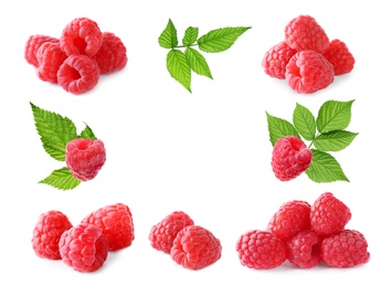 Frame of fresh ripe raspberries with green leaves on white background