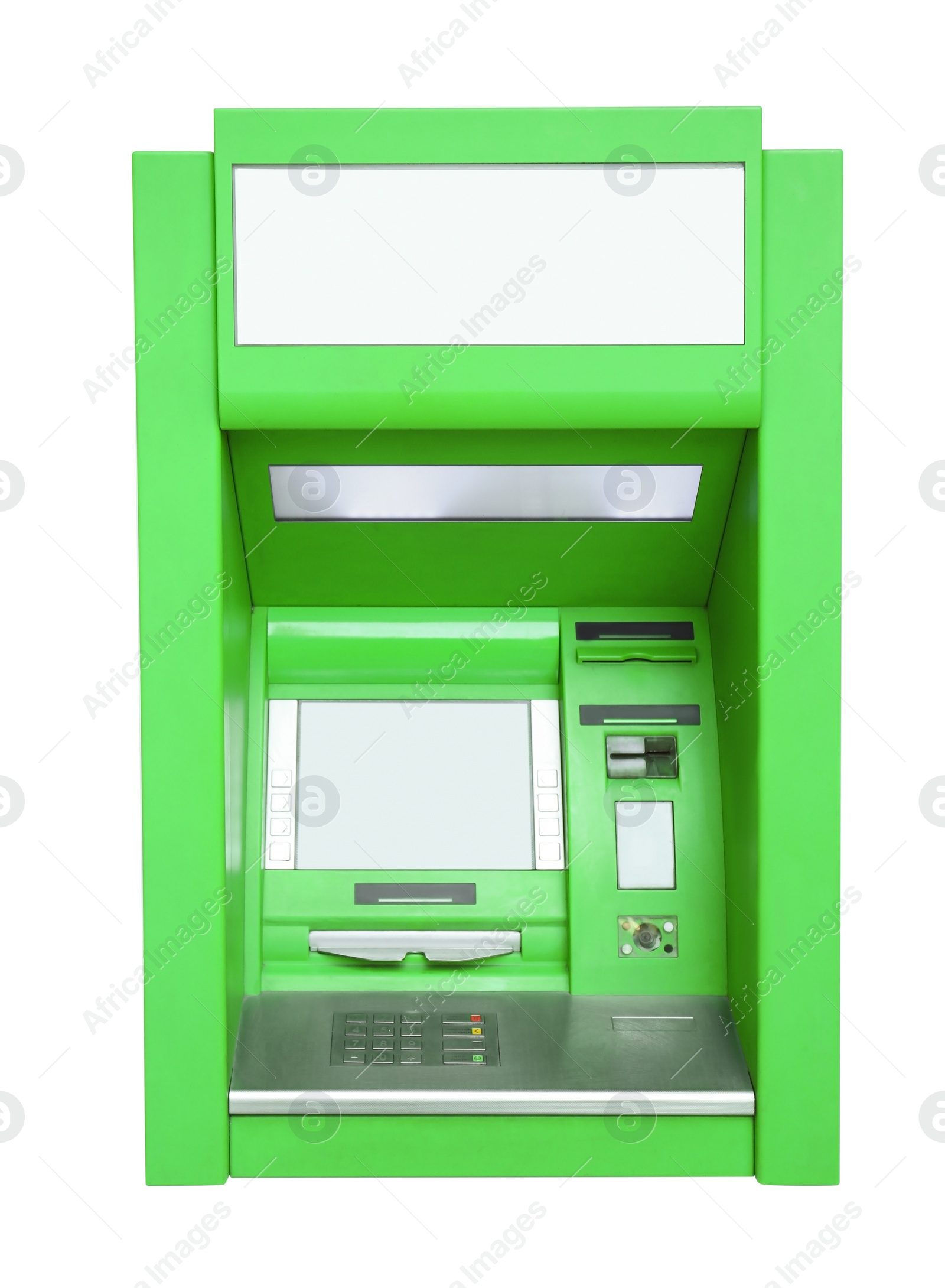 Photo of Modern automated cash machine isolated on white