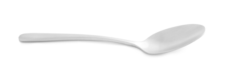 Photo of New clean spoon isolated on white. Cutlery