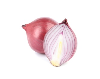 Photo of Fresh whole and cut red onions on white background