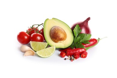 Photo of Fresh ingredients for guacamole on white background