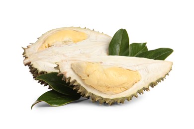 Photo of Cut ripe durian with green leaves on white background