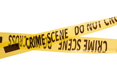 Photo of Yellow crime scene tapes isolated on white