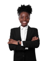 Photo of Portrait of happy woman with crossed arms on white background. Lawyer, businesswoman, accountant or manager