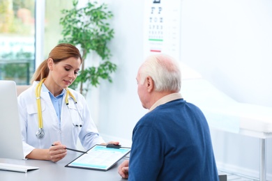 Photo of Doctor working with elderly patient in hospital