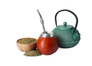 Photo of Calabash, bombilla, teapot and bowl of mate tea on white background