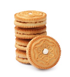 Photo of Stack of tasty sandwich cookies isolated on white