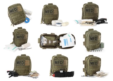 Image of Collage with military first aid kit on white background