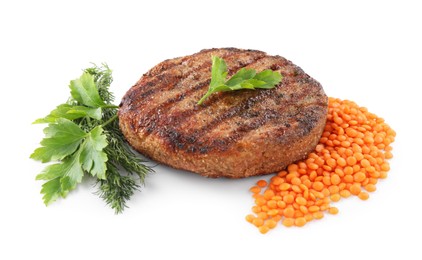 Photo of Vegetarian product. Tasty lentil cutlet and ingredients isolated on white
