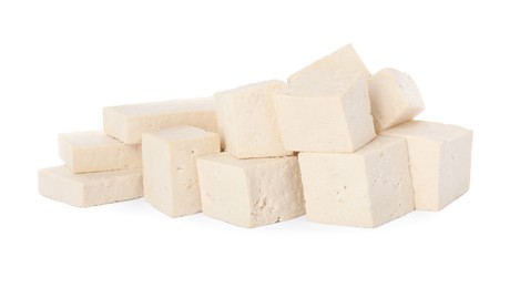 Photo of Different raw tofu pieces on white background