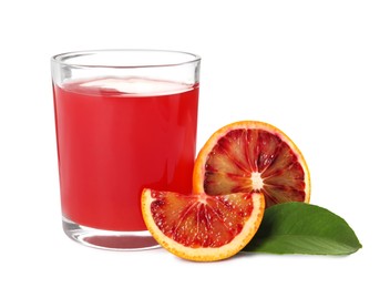 Photo of Tasty sicilian orange juice in glass, fruit and leaf on white background