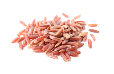 Photo of Uncooked organic brown rice isolated on white