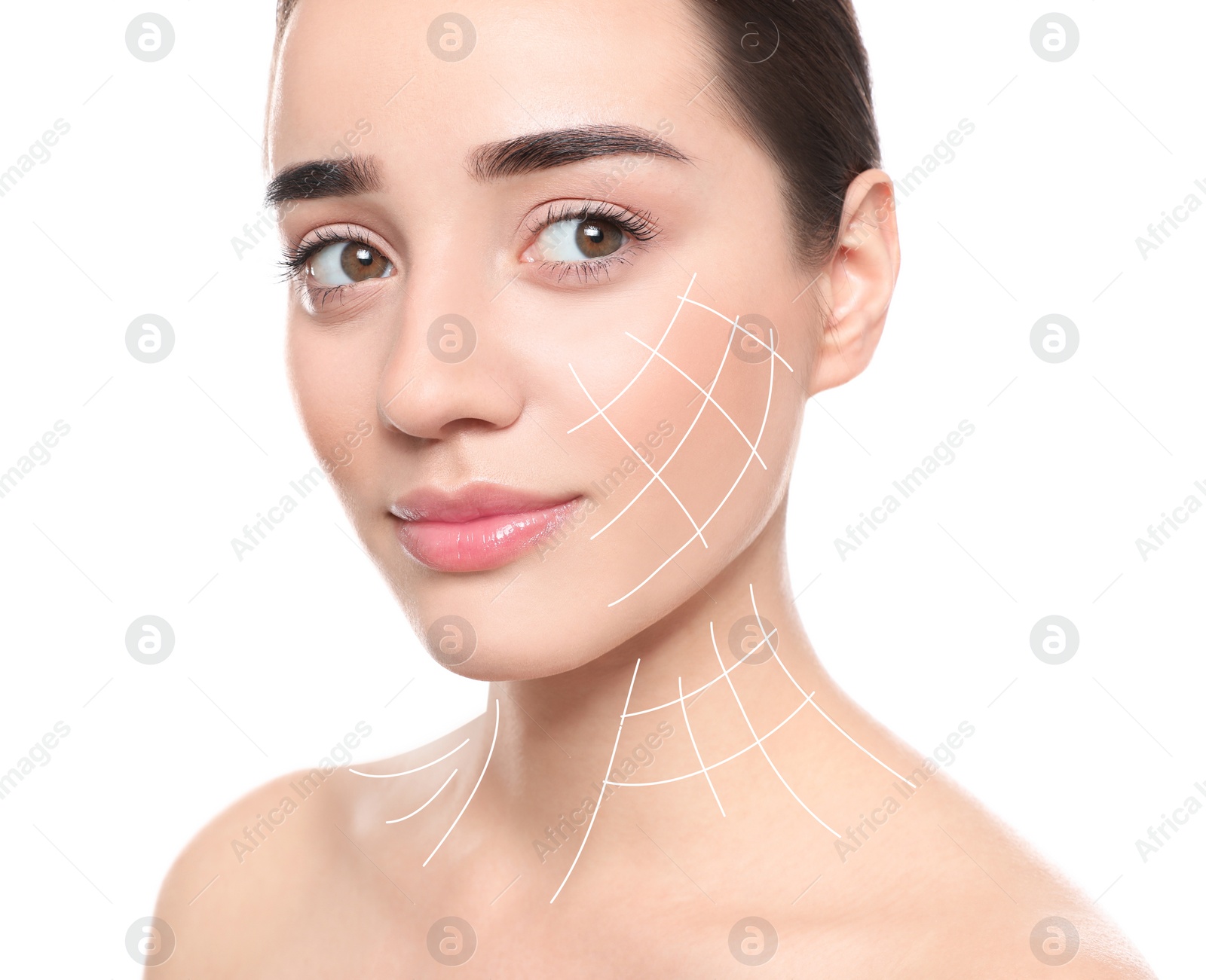 Image of Beautiful woman after facelift cosmetic surgery procedure on white background