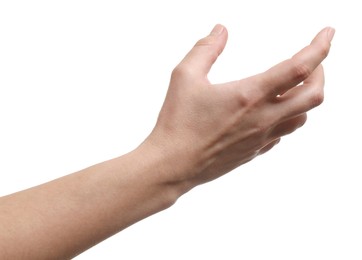 Photo of Woman holding something in hand on white background, closeup