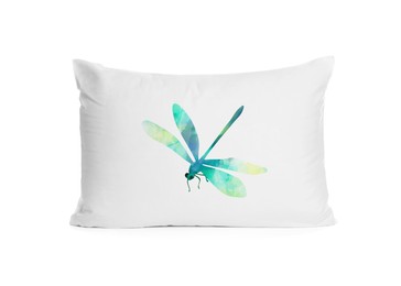 Image of Soft pillow with printed dragonfly isolated on white