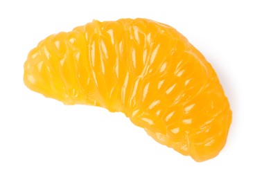 Photo of Piece of peeled fresh ripe tangerine isolated on white, top view