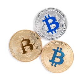 Photo of Shiny bitcoins isolated on white, top view. Digital currency