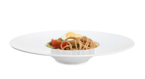 Photo of Plate of tasty buckwheat noodles on white background