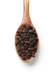 Photo of Aromatic spice. Many black peppercorns in spoon isolated on white, top view