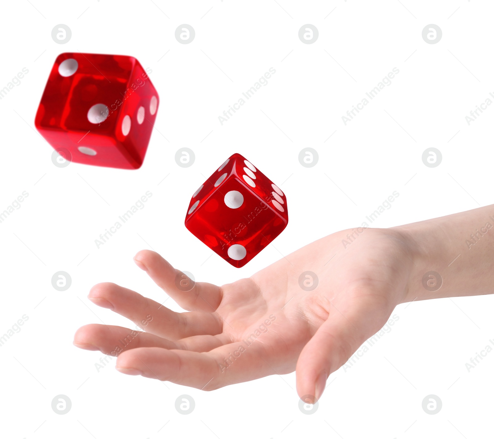 Image of Woman throwing red dice on white background, closeup