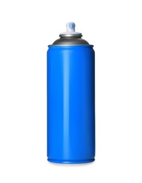 Photo of Can of light blue spray paint isolated on white. Graffiti supply