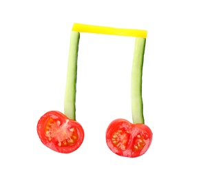 Photo of Musical note made of vegetables on white background, top view