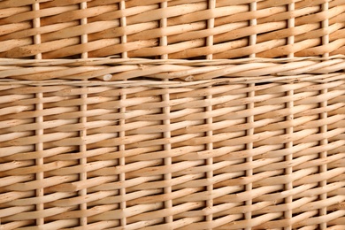Photo of Handmade wicker basket made of natural material as background, closeup view
