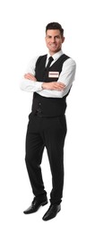 Photo of Full length portrait of happy receptionist in uniform on white background