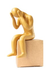 Photo of Plasticine figure of troubled human isolated on white