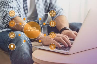 Image of Businessman working with laptop indoors, closeup. Digital marketing