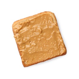 Photo of Delicious toast with peanut butter isolated on white, top view