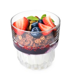 Photo of Tasty granola with berries, jam and yogurt in glass isolated on white