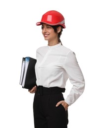 Photo of Architect with hard hat and folders on white background