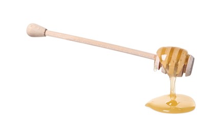 Photo of Natural honey dripping from dipper on white background