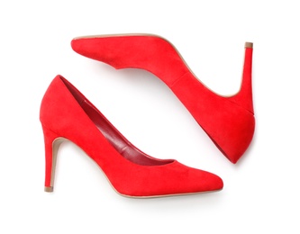 Photo of Stylish high heel shoes on white background, top view
