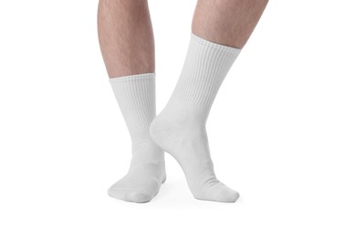 Photo of Man in stylish socks on white background, closeup