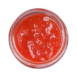 Photo of Delicious rowan jam in jar on white background, top view