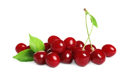 Photo of Pile of delicious ripe sweet cherries on white background