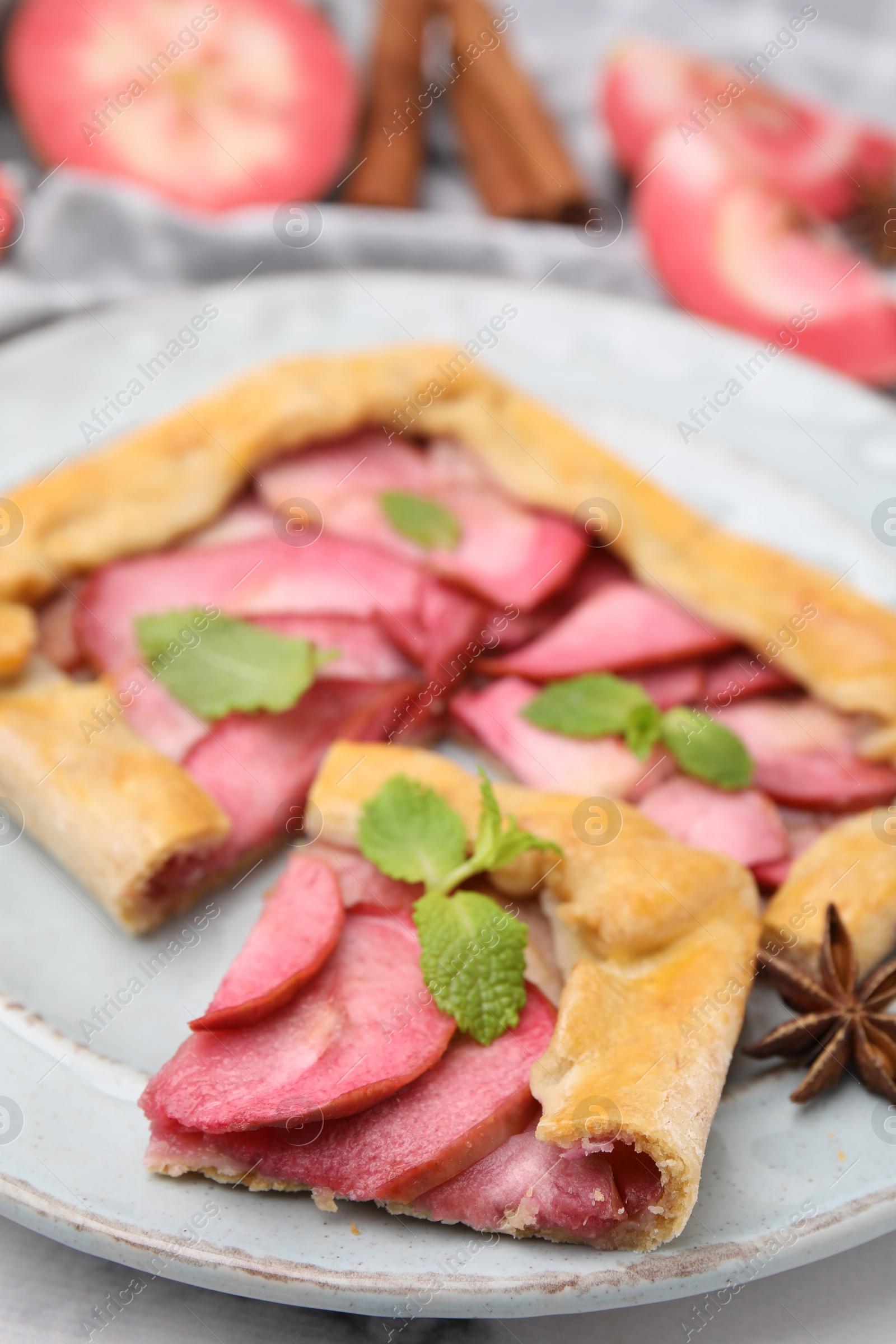 Photo of Delicious apple galette with mint on table, closeup