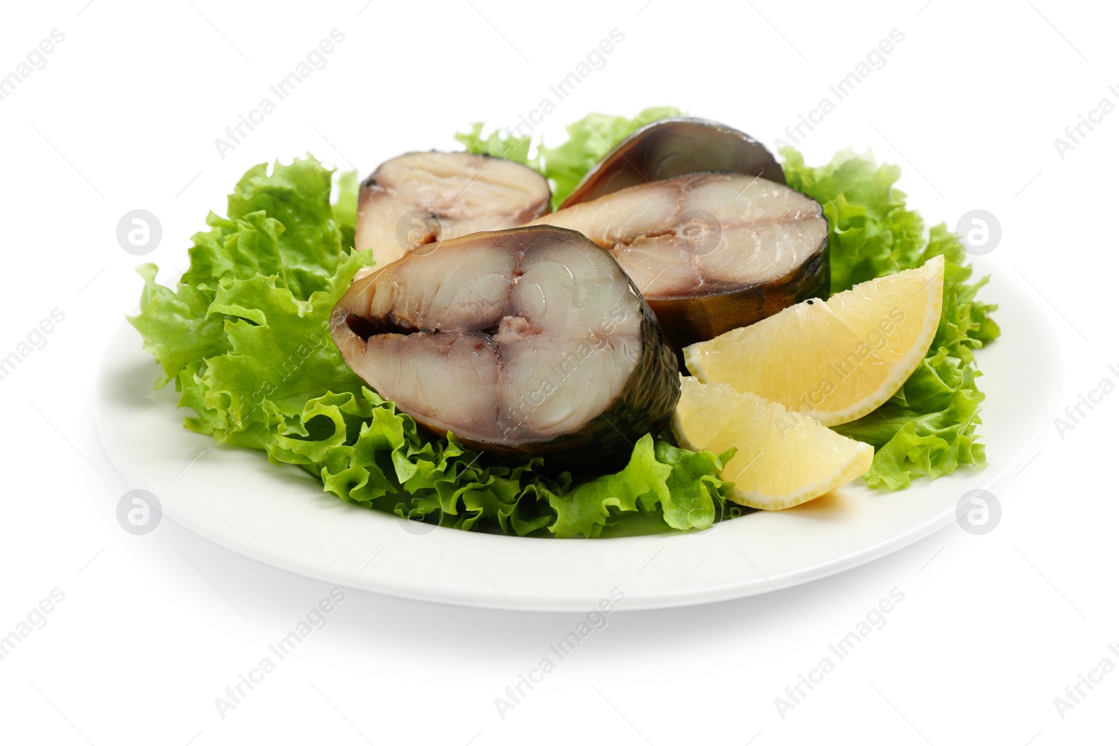 Photo of Plate with tasty smoked fish isolated on white