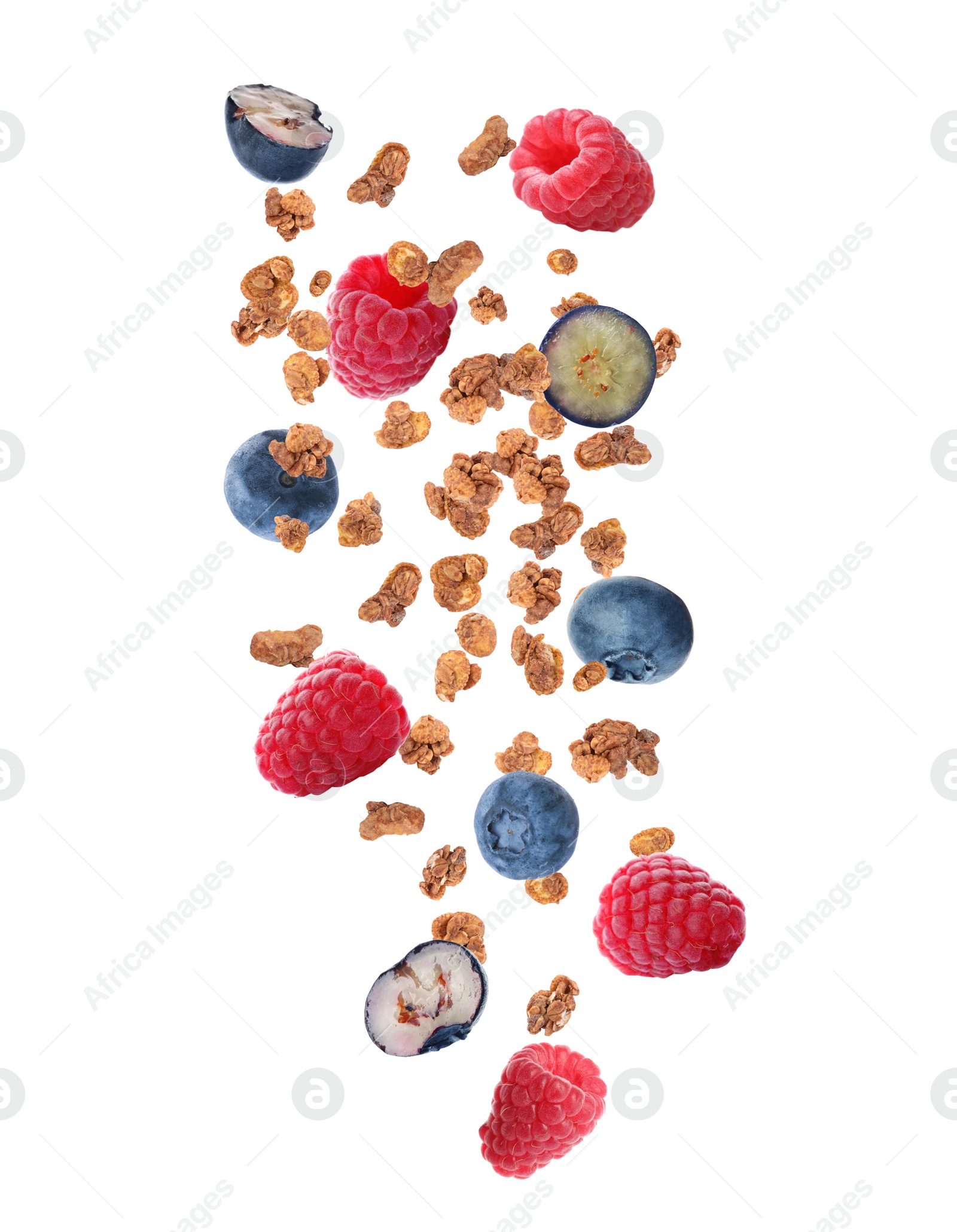 Image of Delicious granola and berries falling on white background. Healthy snack  