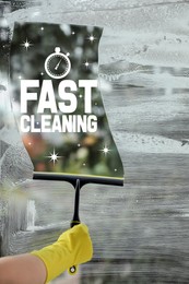 Image of Fast cleaning service. Worker wiping window with squeegee indoors, closeup