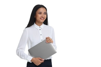 Photo of Beautiful secretary with laptop on white background